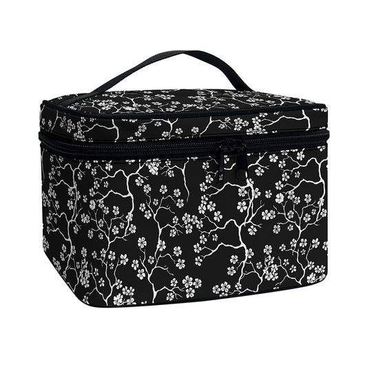 Black And White Cherry Blossom Print Travel Makeup Bag