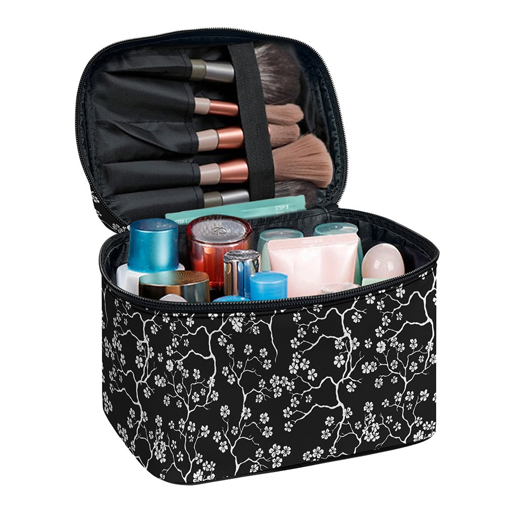 Black And White Cherry Blossom Print Travel Makeup Bag