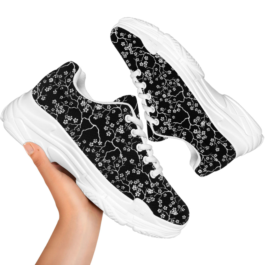 Black And White Cherry Blossom Print White Chunky Shoes
