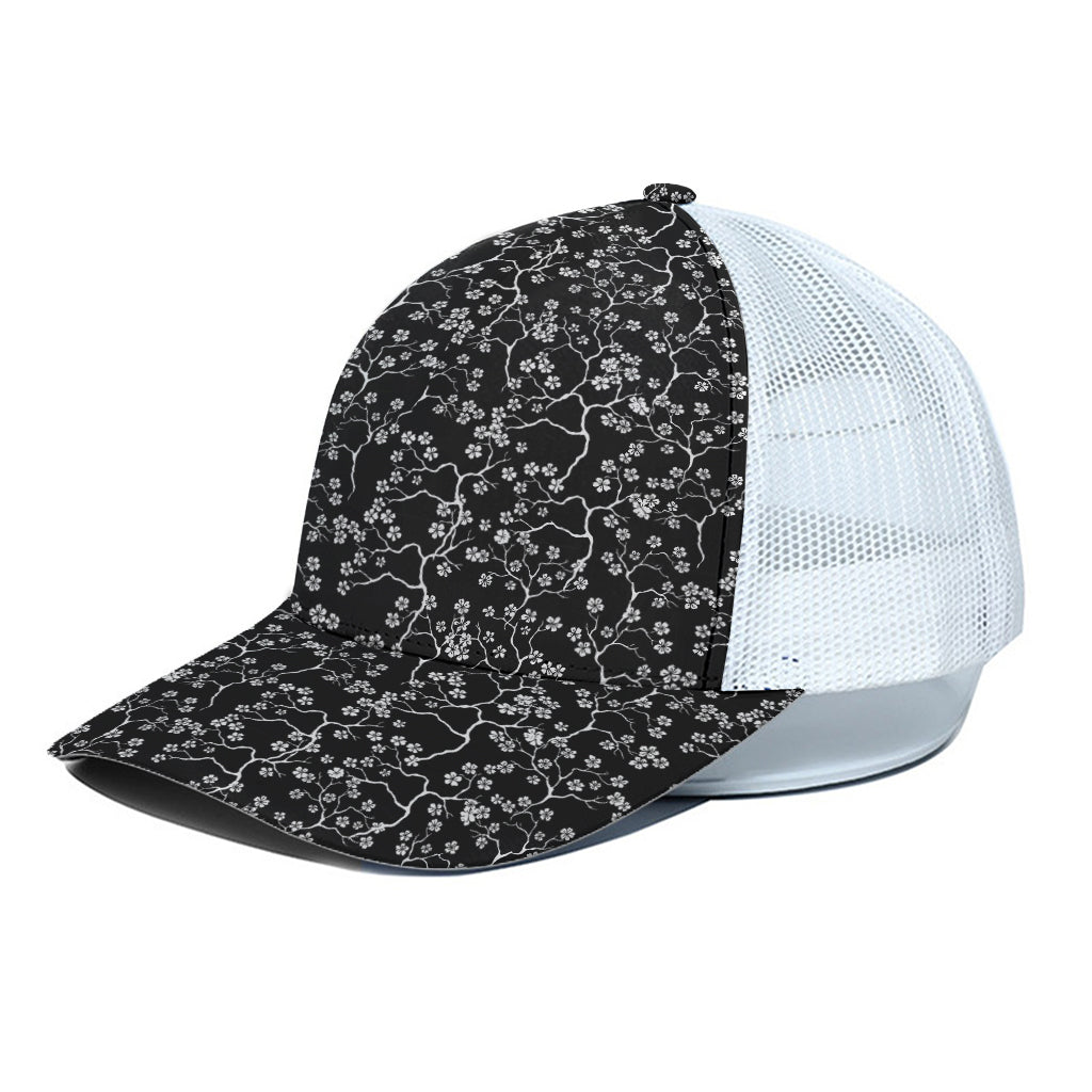 Black And White Cherry Blossom Print White Mesh Trucker Cap