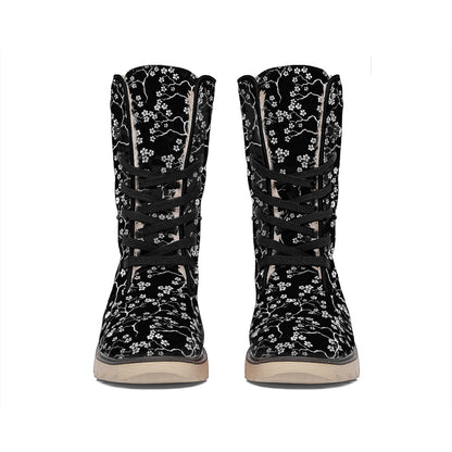 Black And White Cherry Blossom Print Winter Boots