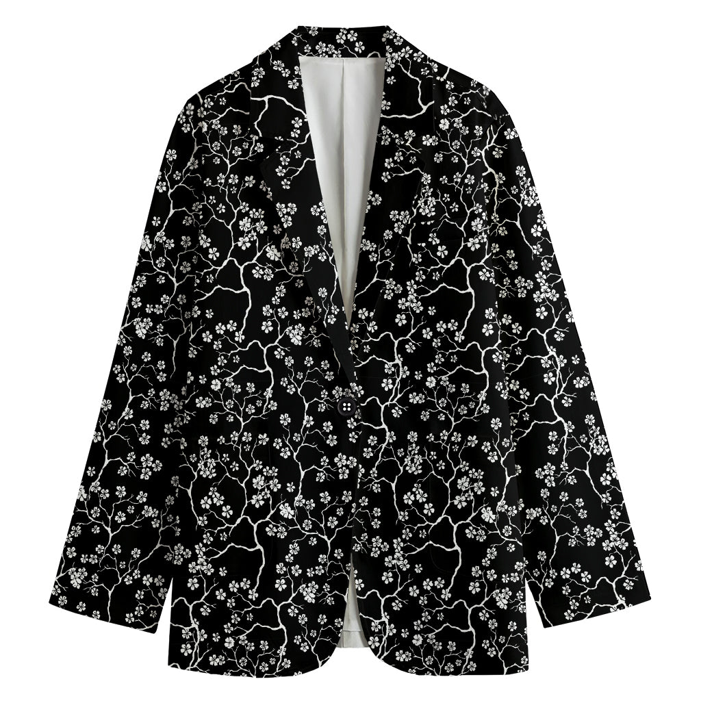 Black And White Cherry Blossom Print Women's Cotton Blazer