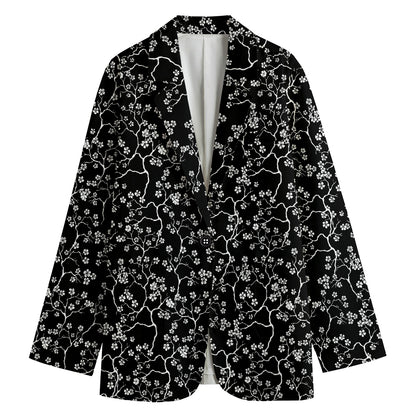 Black And White Cherry Blossom Print Women's Cotton Blazer