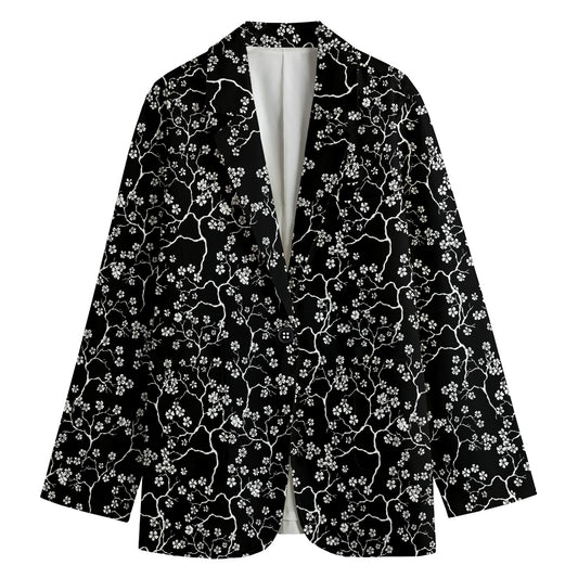 Black And White Cherry Blossom Print Women's Cotton Blazer