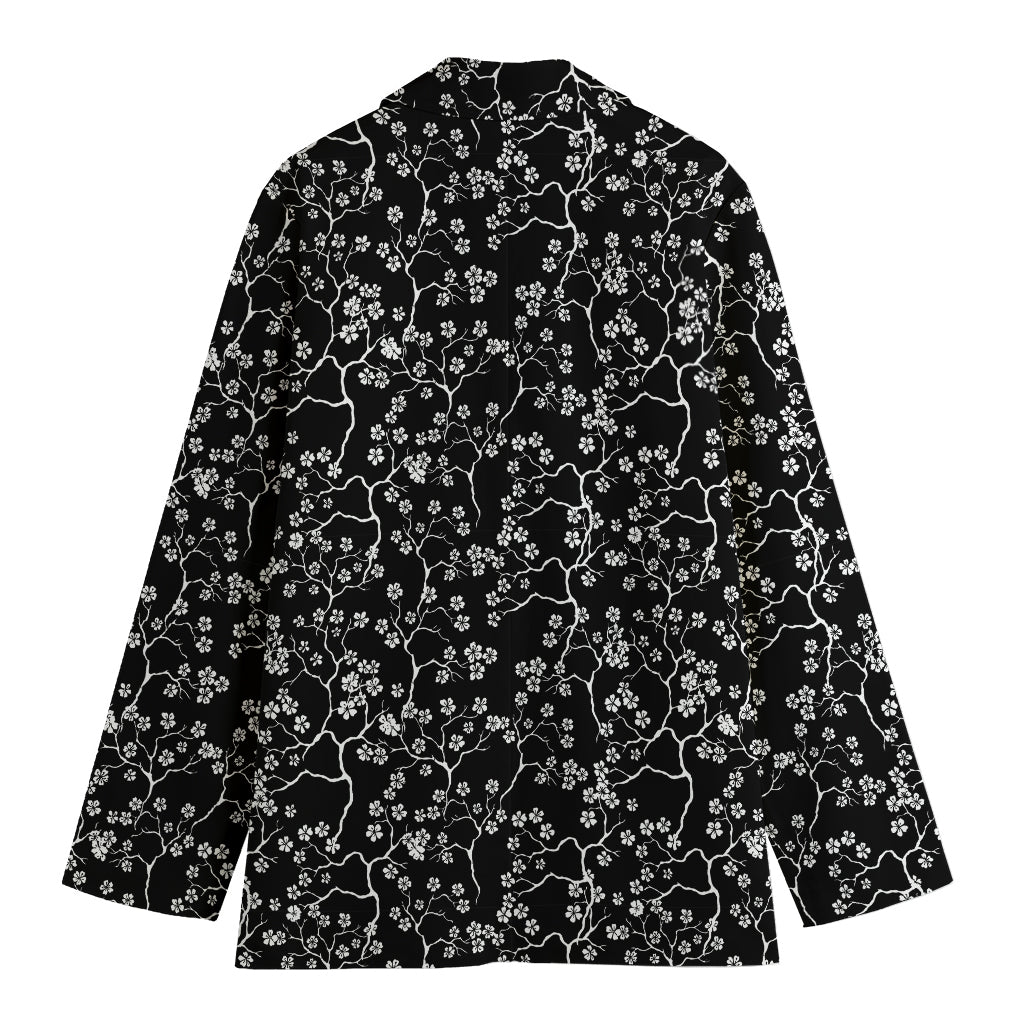 Black And White Cherry Blossom Print Women's Cotton Blazer