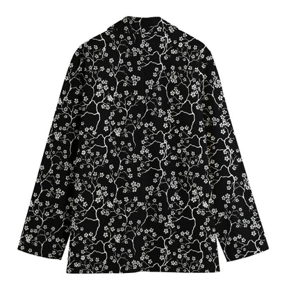 Black And White Cherry Blossom Print Women's Cotton Blazer