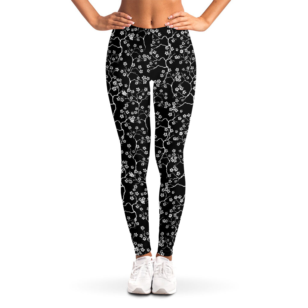 Black And White Cherry Blossom Print Women's Leggings