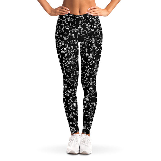 Black And White Cherry Blossom Print Women's Leggings