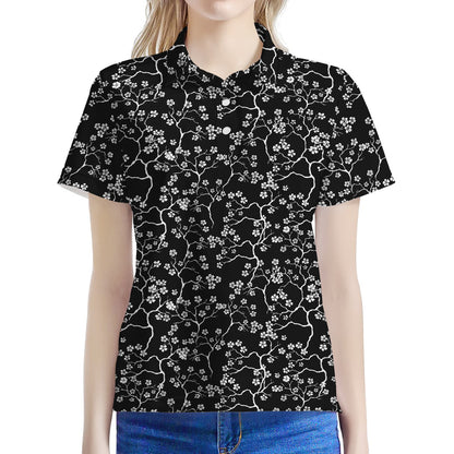 Black And White Cherry Blossom Print Women's Polo Shirt