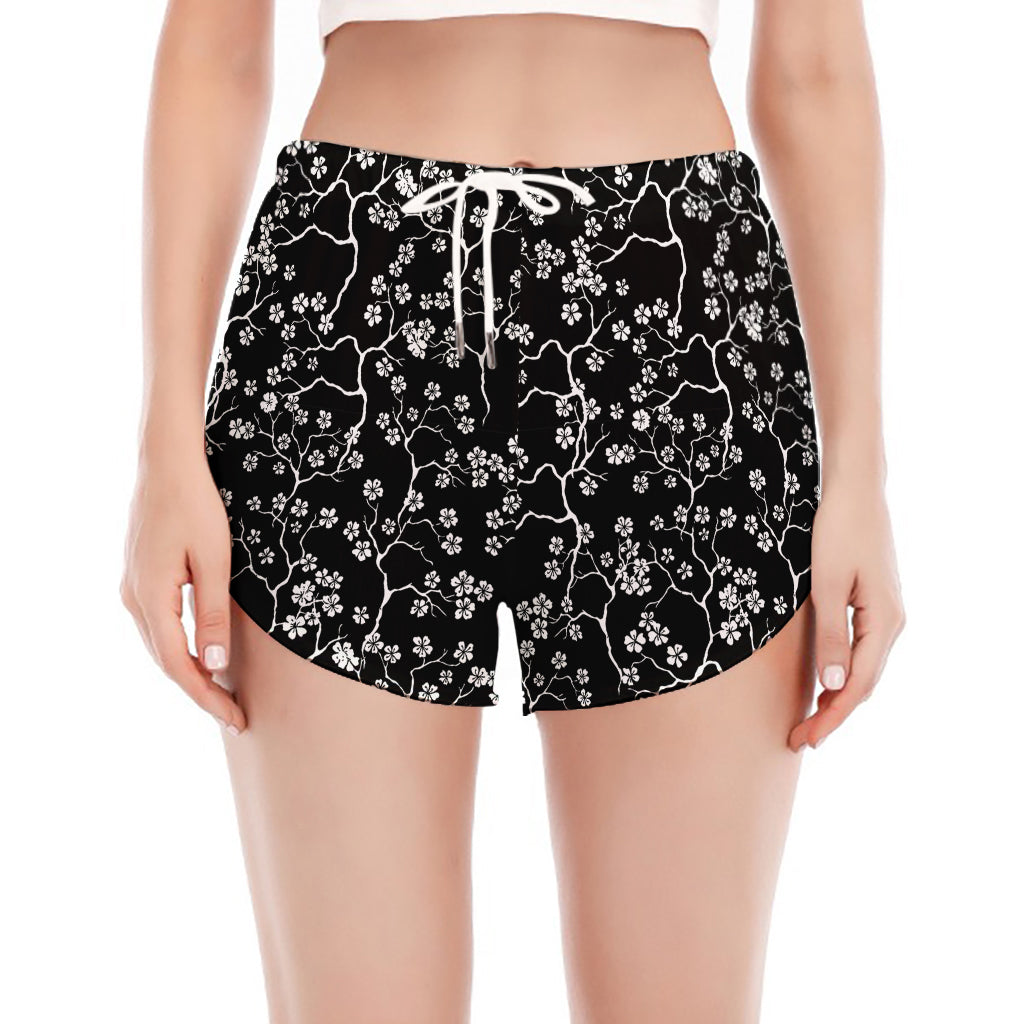 Black And White Cherry Blossom Print Women's Split Running Shorts
