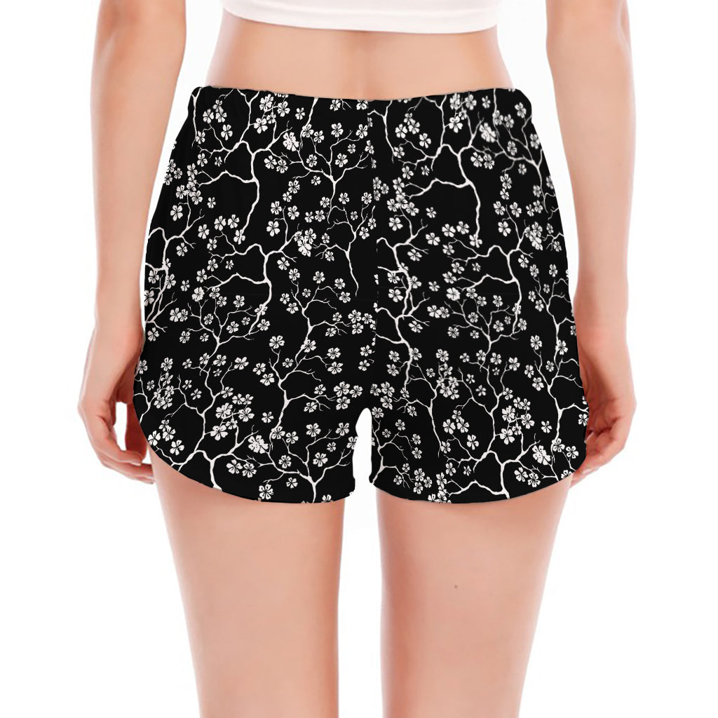 Black And White Cherry Blossom Print Women's Split Running Shorts