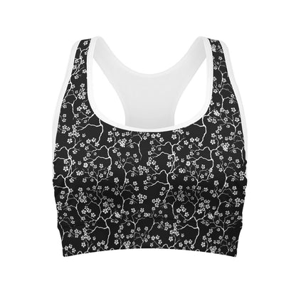 Black And White Cherry Blossom Print Women's Sports Bra