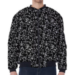 Black And White Cherry Blossom Print Zip Sleeve Bomber Jacket