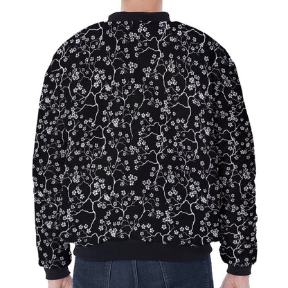 Black And White Cherry Blossom Print Zip Sleeve Bomber Jacket