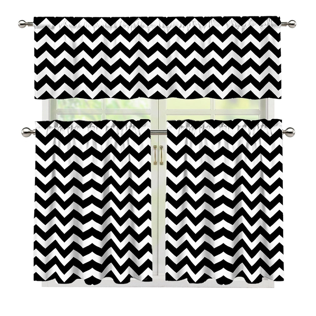 Black And White Chevron Pattern Print 3 Piece Kitchen Curtains
