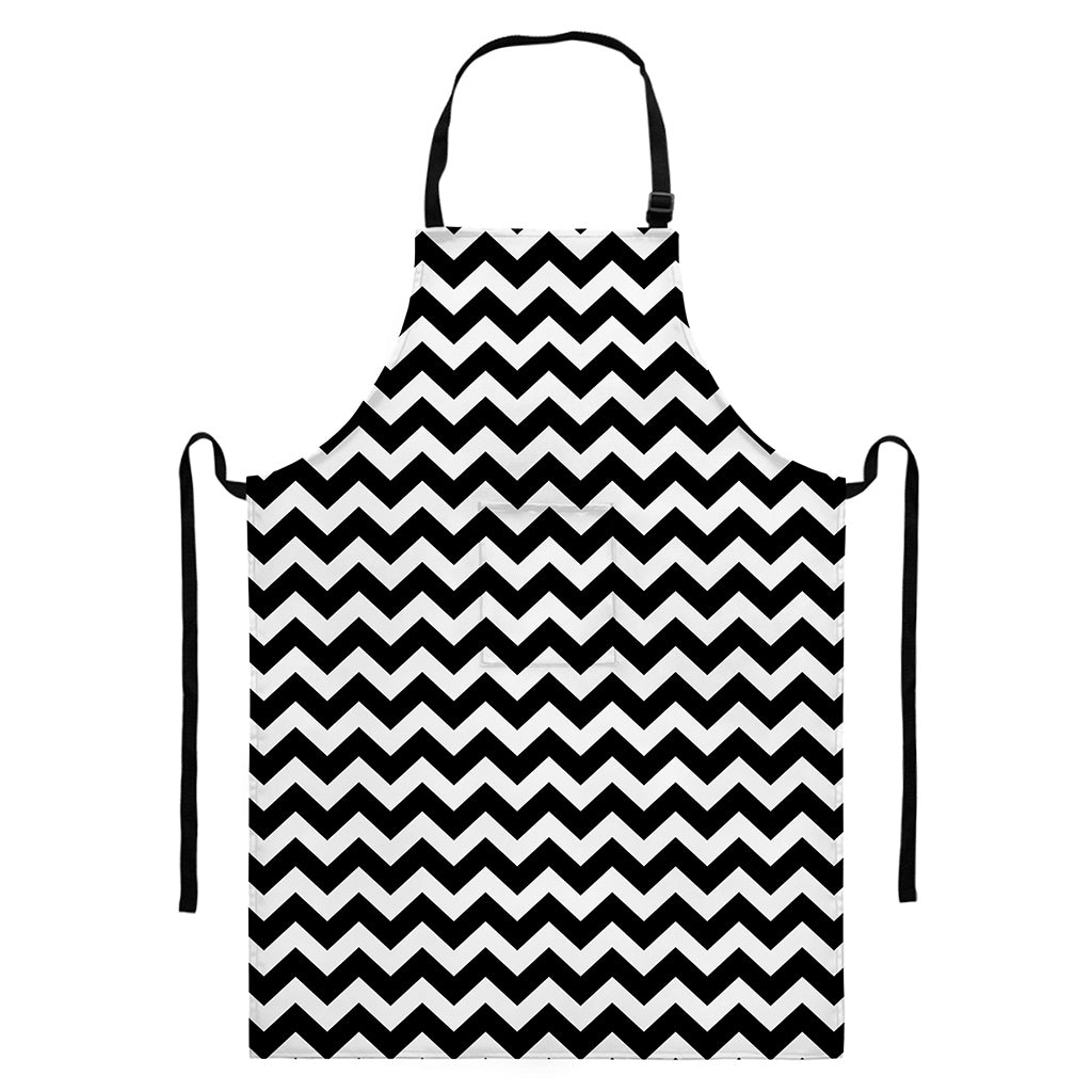 Black And White Chevron Pattern Print Bib Apron With Pocket