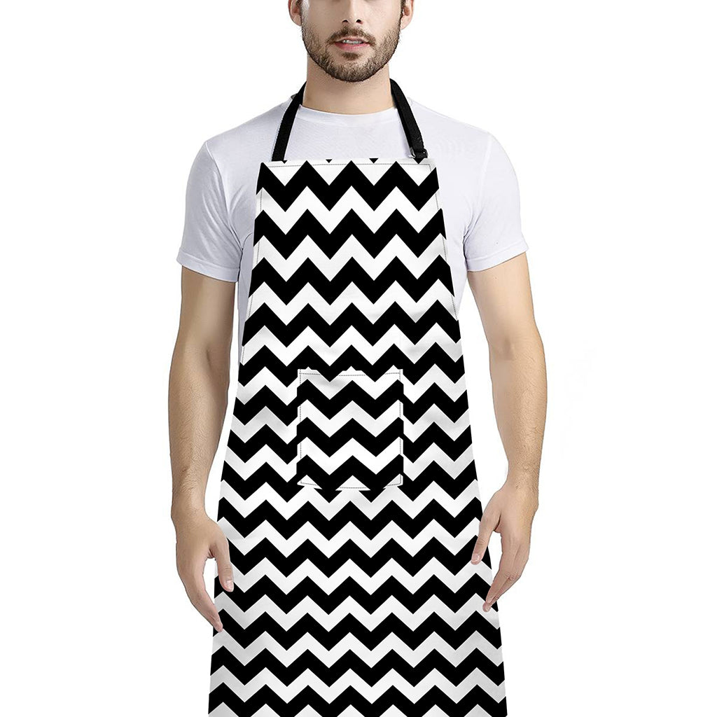 Black And White Chevron Pattern Print Bib Apron With Pocket