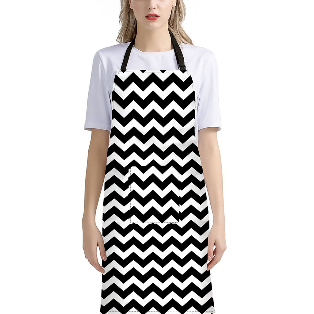 Black And White Chevron Pattern Print Bib Apron With Pocket