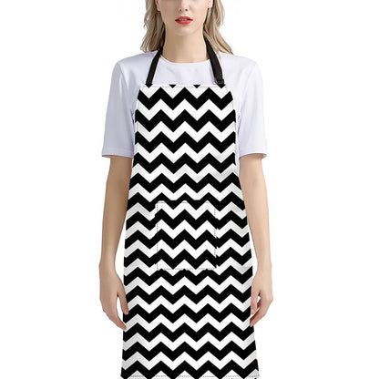 Black And White Chevron Pattern Print Bib Apron With Pocket