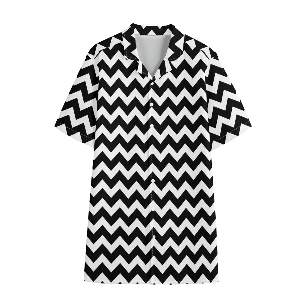 Black And White Chevron Pattern Print Cotton Hawaiian Shirt