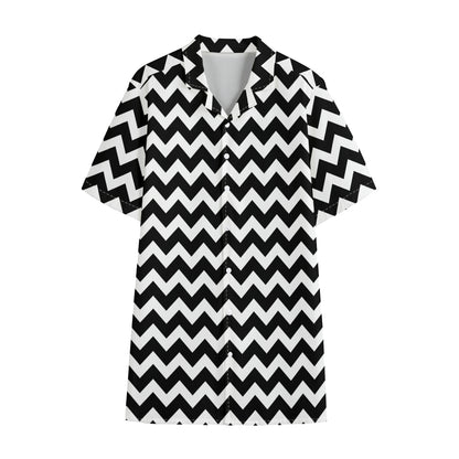 Black And White Chevron Pattern Print Cotton Hawaiian Shirt