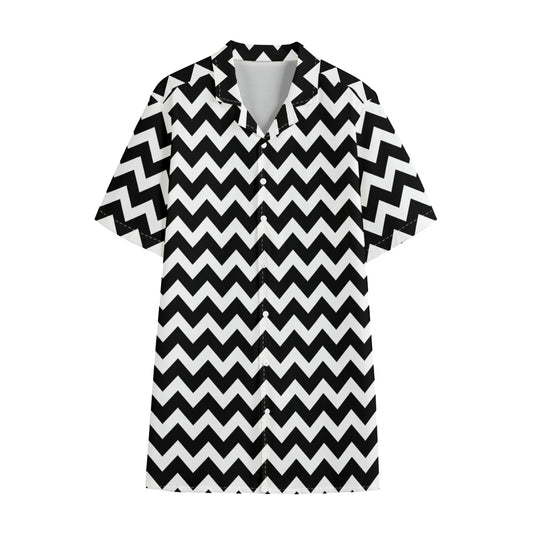Black And White Chevron Pattern Print Cotton Hawaiian Shirt