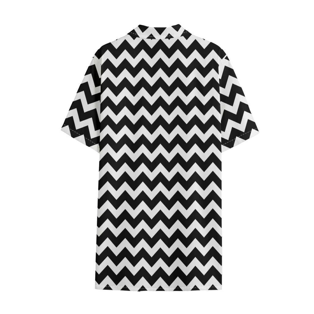 Black And White Chevron Pattern Print Cotton Hawaiian Shirt