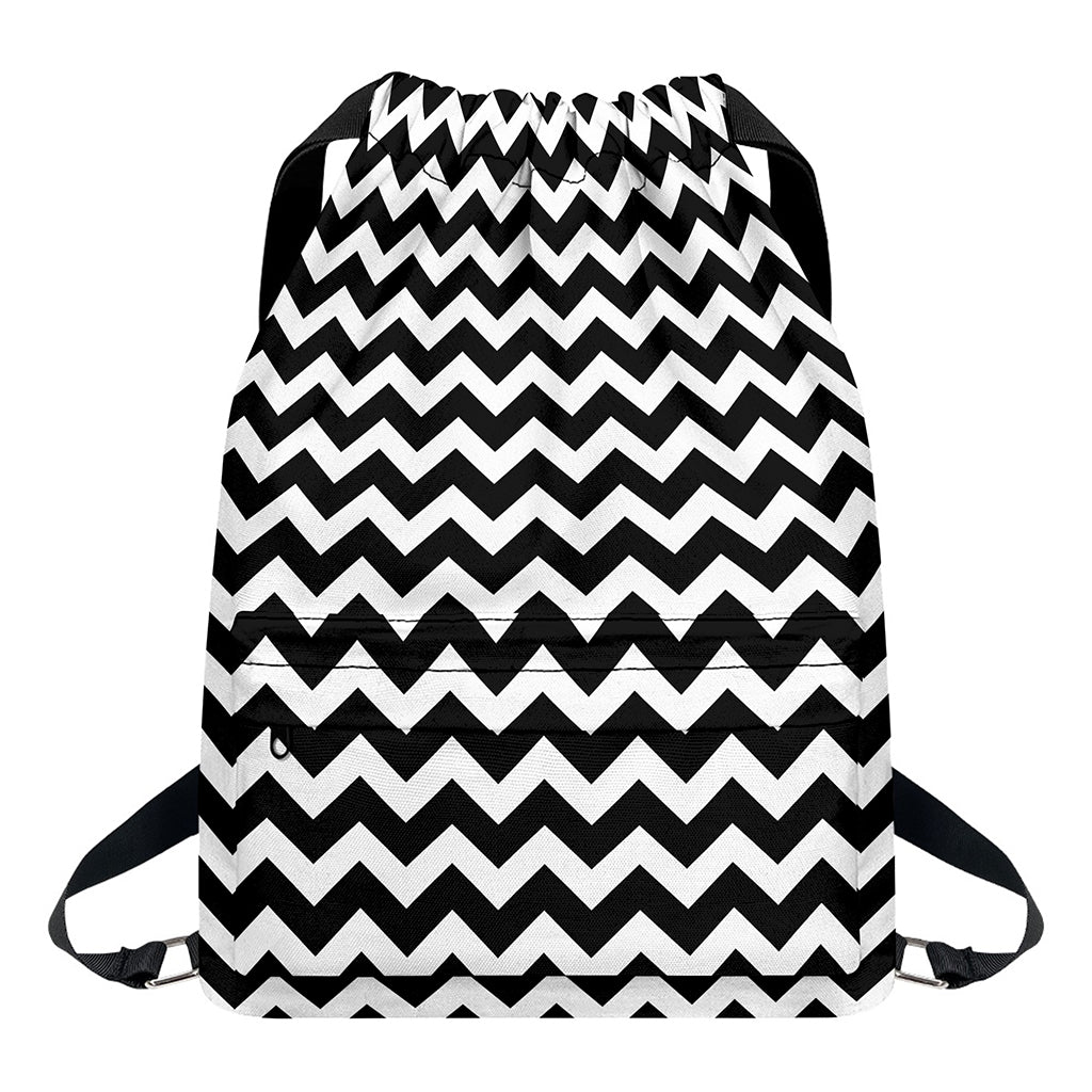 Black And White Chevron Pattern Print Drawstring Backpack