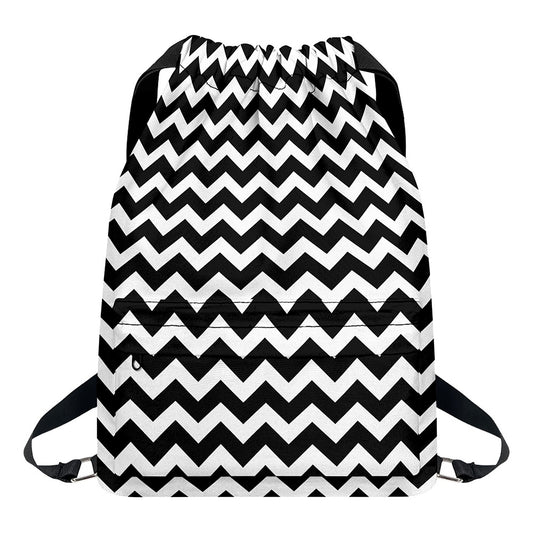 Black And White Chevron Pattern Print Drawstring Backpack