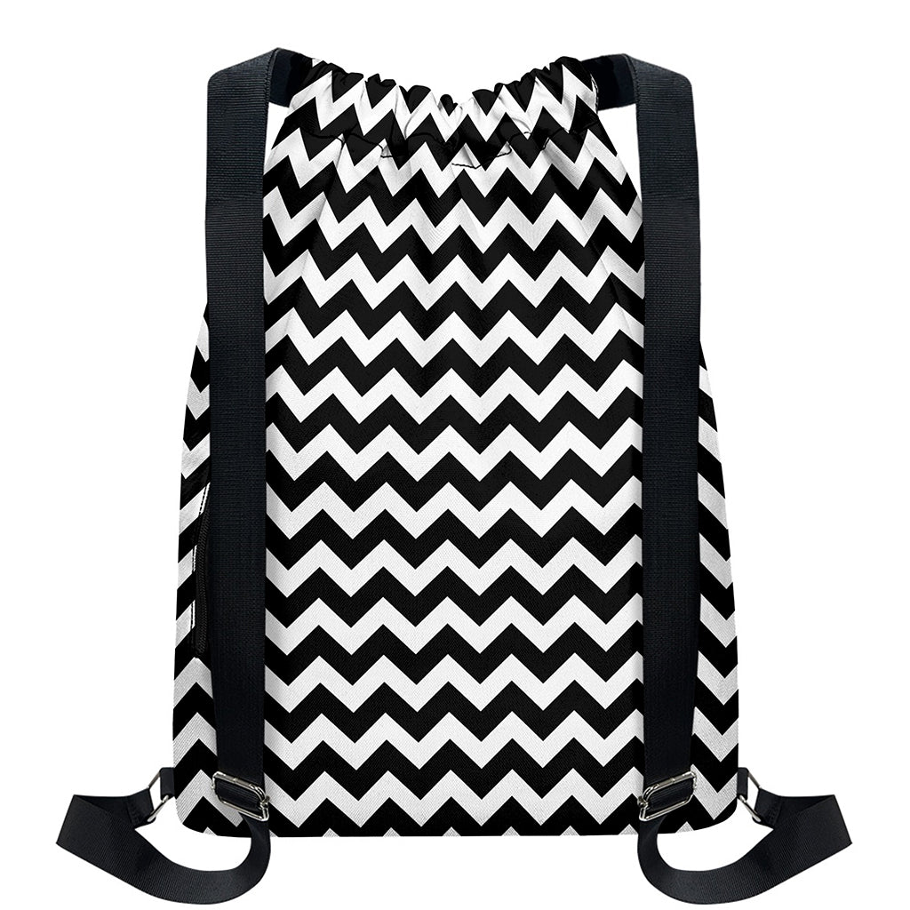 Black And White Chevron Pattern Print Drawstring Backpack
