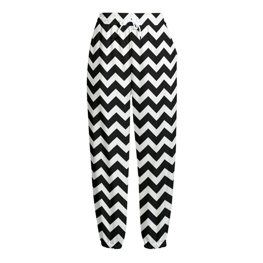 Black And White Chevron Pattern Print Fleece Lined Knit Pants