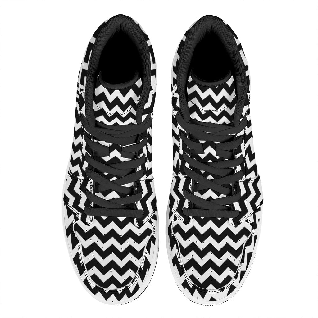 Black And White Chevron Pattern Print High Top Leather Sneakers