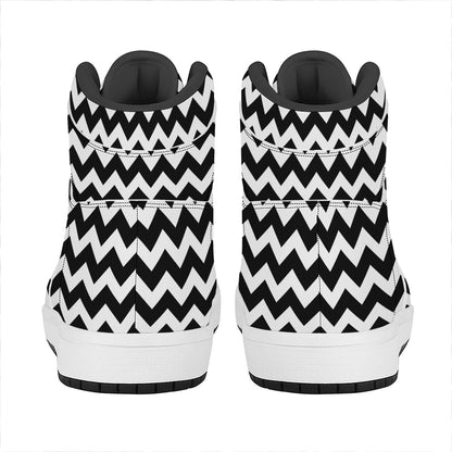 Black And White Chevron Pattern Print High Top Leather Sneakers