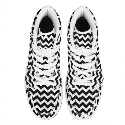 Black And White Chevron Pattern Print High Top Leather Sneakers
