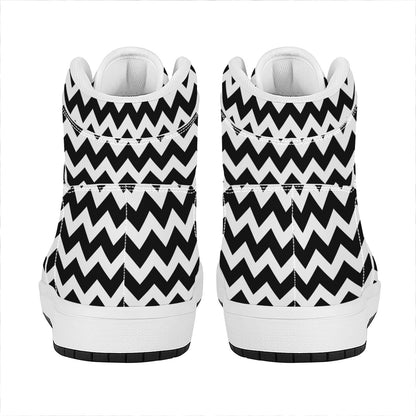 Black And White Chevron Pattern Print High Top Leather Sneakers
