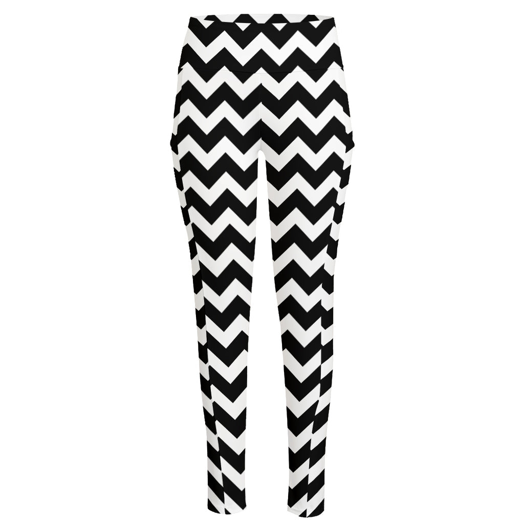 Black And White Chevron Pattern Print High-Waisted Pocket Leggings