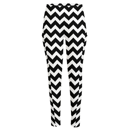 Black And White Chevron Pattern Print High-Waisted Pocket Leggings