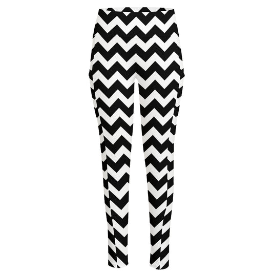 Black And White Chevron Pattern Print High-Waisted Pocket Leggings