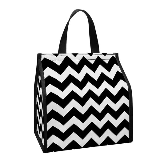 Black And White Chevron Pattern Print Insulated Lunch Tote