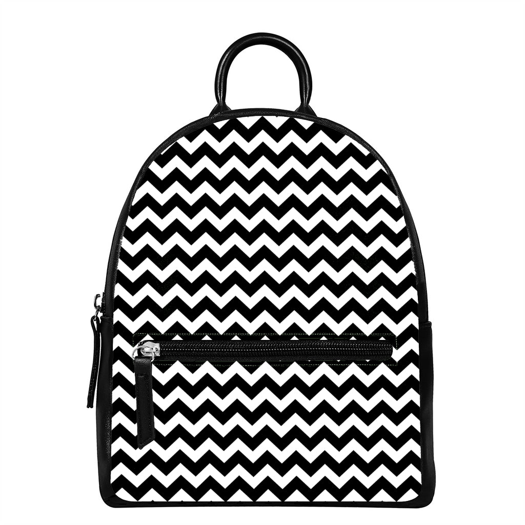 Black And White Chevron Pattern Print Leather Backpack