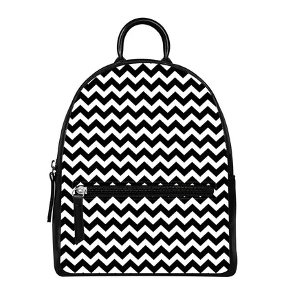 Black And White Chevron Pattern Print Leather Backpack