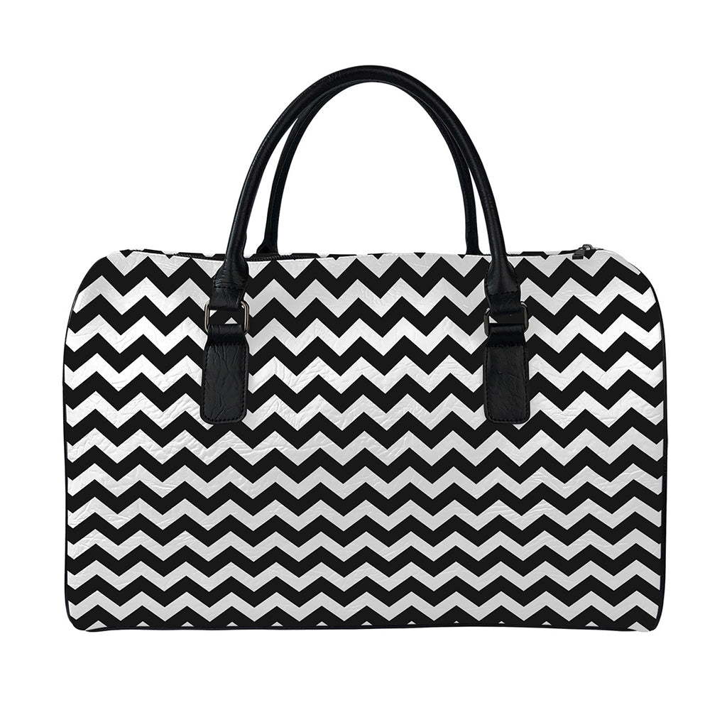 Black And White Chevron Pattern Print Leather Duffle Bag