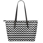 Black And White Chevron Pattern Print Leather Tote Bag