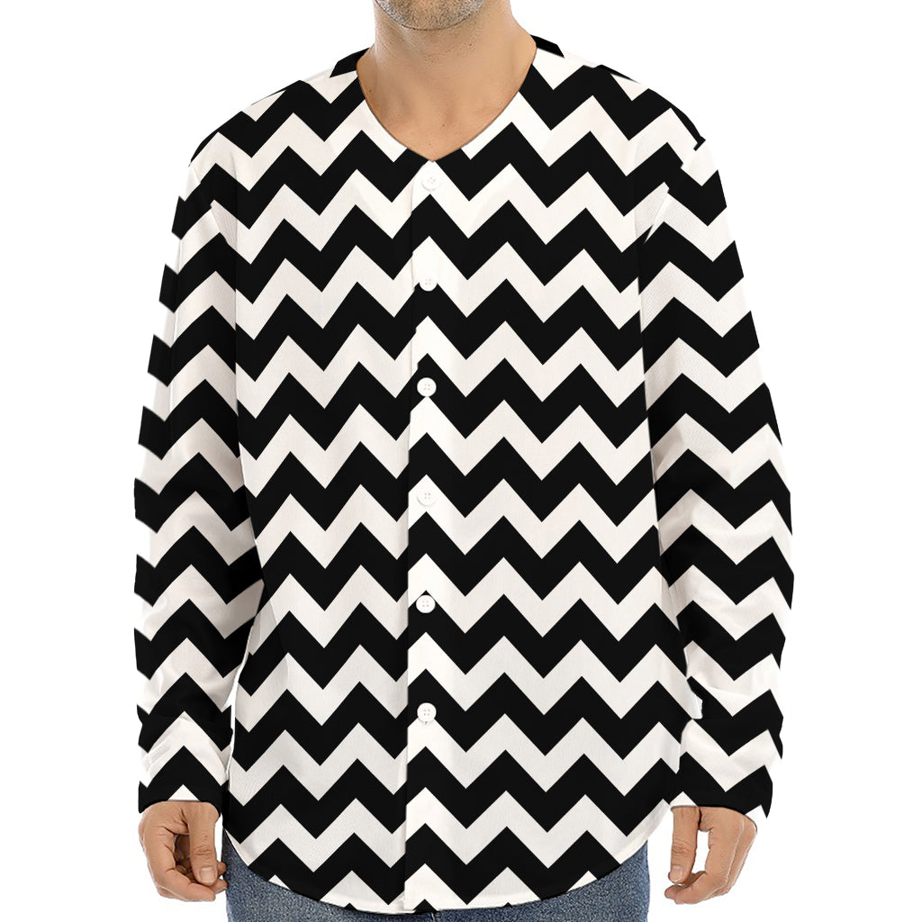 Black And White Chevron Pattern Print Long Sleeve Baseball Jersey