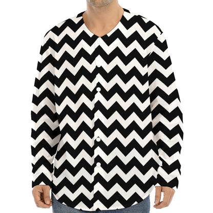 Black And White Chevron Pattern Print Long Sleeve Baseball Jersey