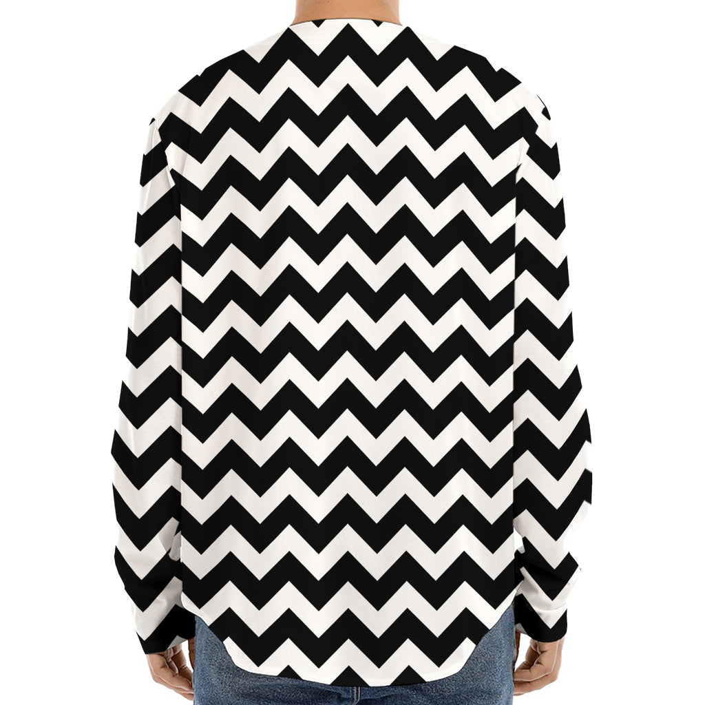 Black And White Chevron Pattern Print Long Sleeve Baseball Jersey