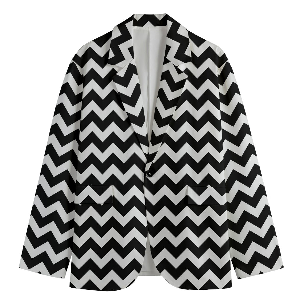 Black And White Chevron Pattern Print Men's Cotton Blazer