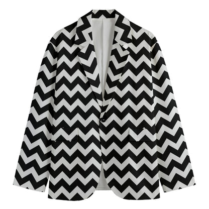Black And White Chevron Pattern Print Men's Cotton Blazer