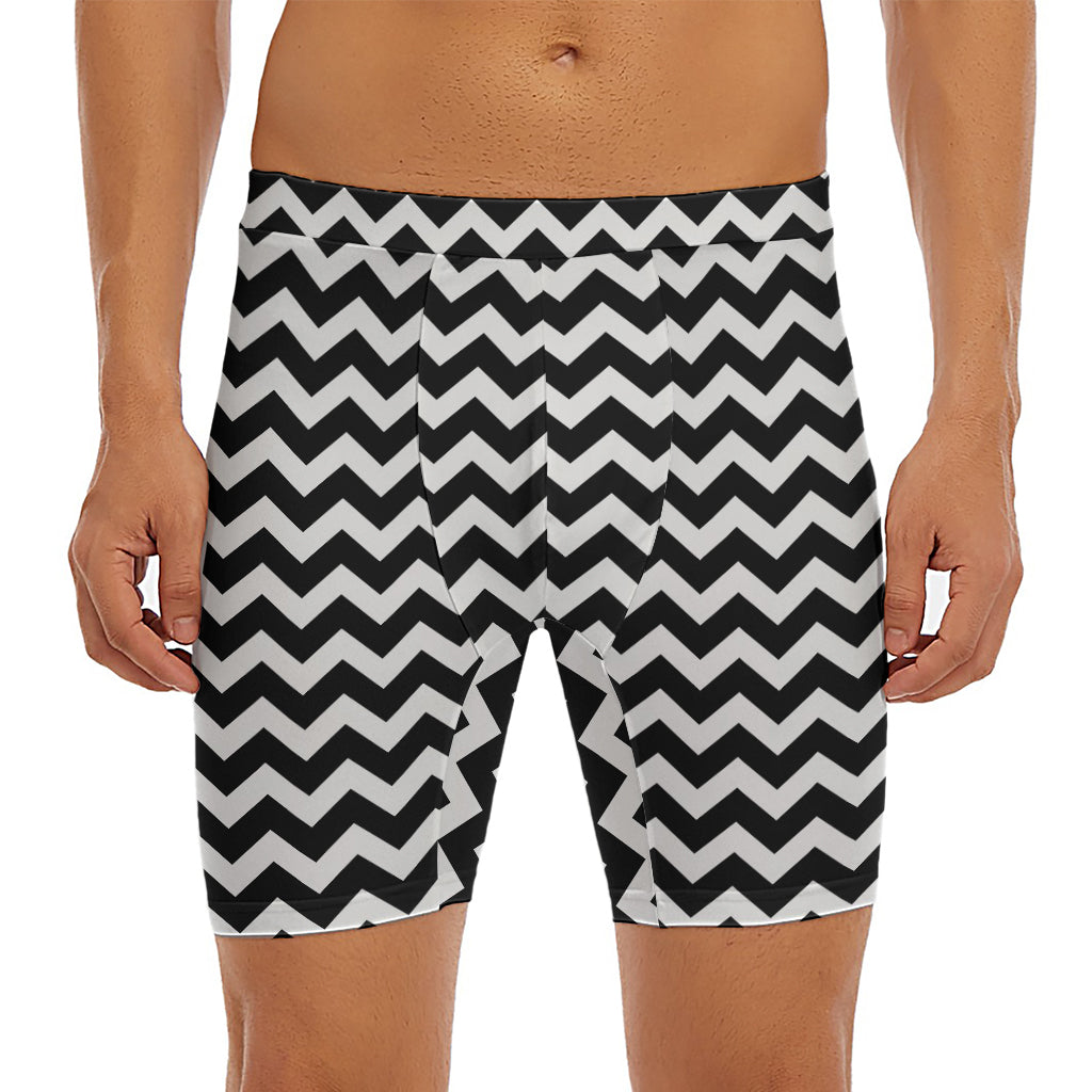 Black And White Chevron Pattern Print Men's Long Boxer Briefs