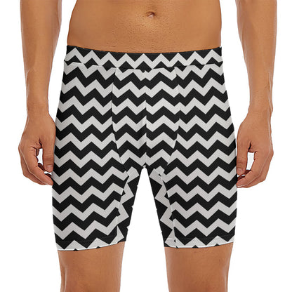 Black And White Chevron Pattern Print Men's Long Boxer Briefs